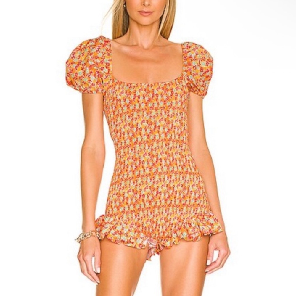 NWT Floral Romper Smocked Waist Jumper Puff Sleeve Ruffle Small Caroline Contras